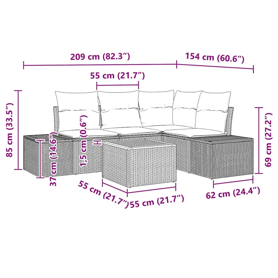 Ensemble de canapé de jardin avec coussin 5 pcs Gris polyrotin - 9