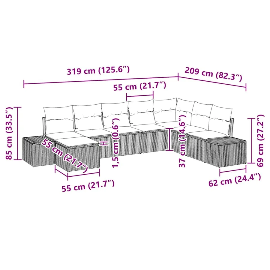 Ensemble de canapé de jardin avec coussin 8 pcs polyrotin - 9