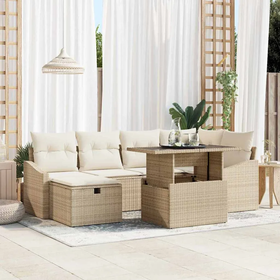 Ensemble de canapé de jardin avec coussin 7 pcs Beige polyrotin