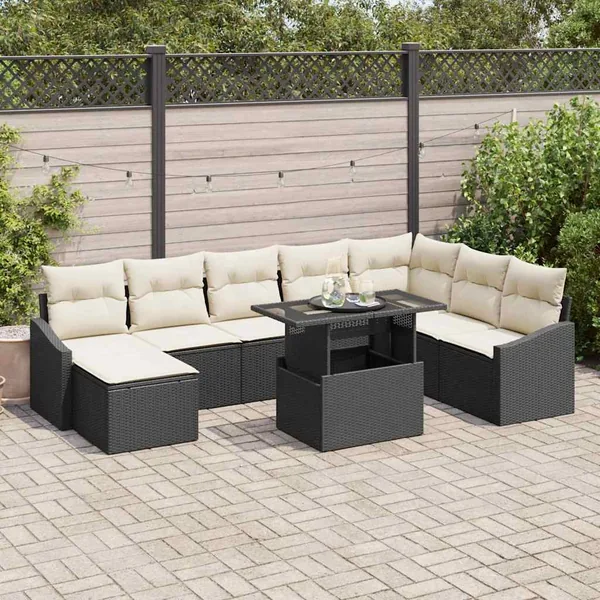 Ensemble de canapé de jardin avec coussin 9 pcs Noir et Crème