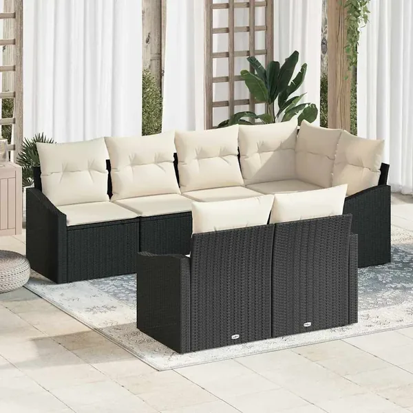 Ensemble de canapé de jardin 7 pcs Noir et Blanc polyrotin