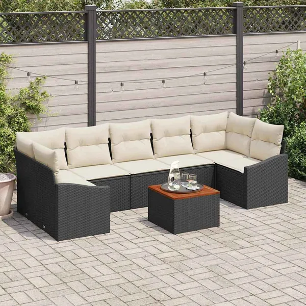 Ensemble de canapé de jardin 8 pcs Noir et Crème polyrotin