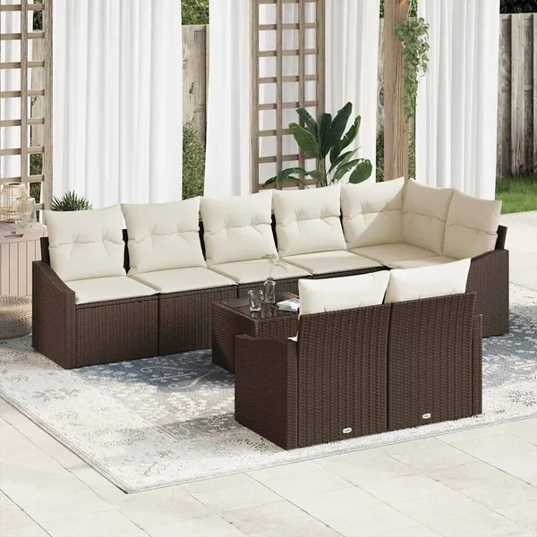 Ensemble de canapé de jardin 9 pcs Marron et Crème polyrotin