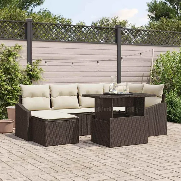 Ensemble de canapé de jardin avec coussin 7 pcs Marron et Crème