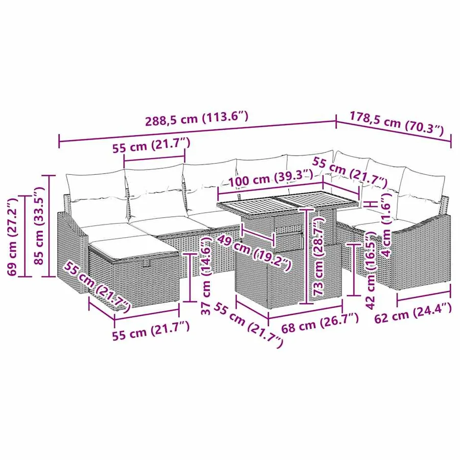 Ensemble de canapé de jardin 9 pcs Beige polyrotin - 17
