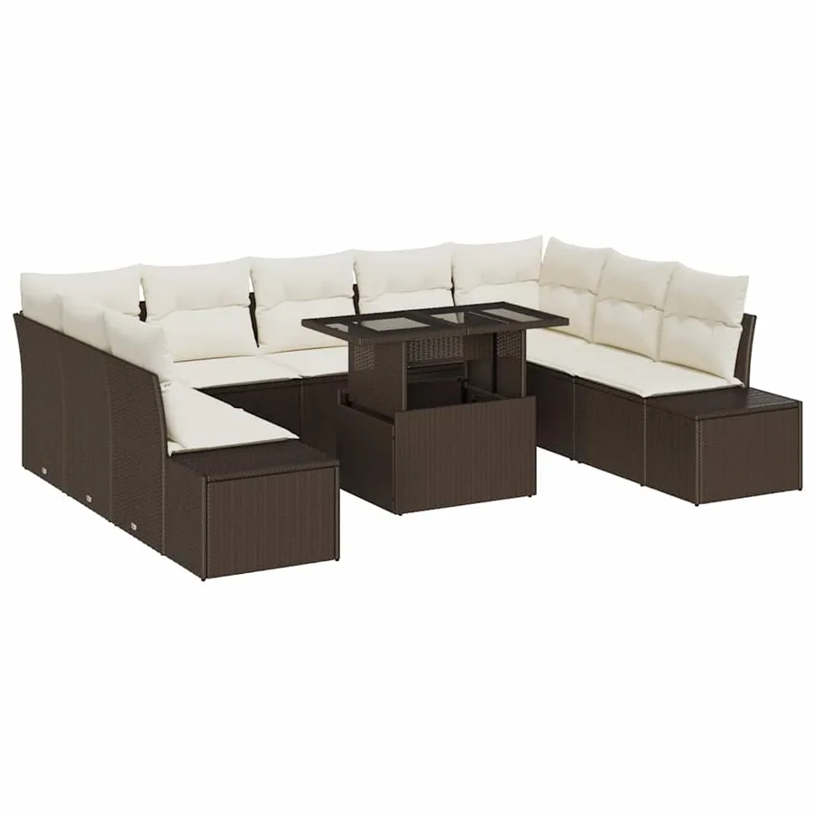 Ensemble de canapé de jardin 10 pcs Marron et Crème polyrotin - 2