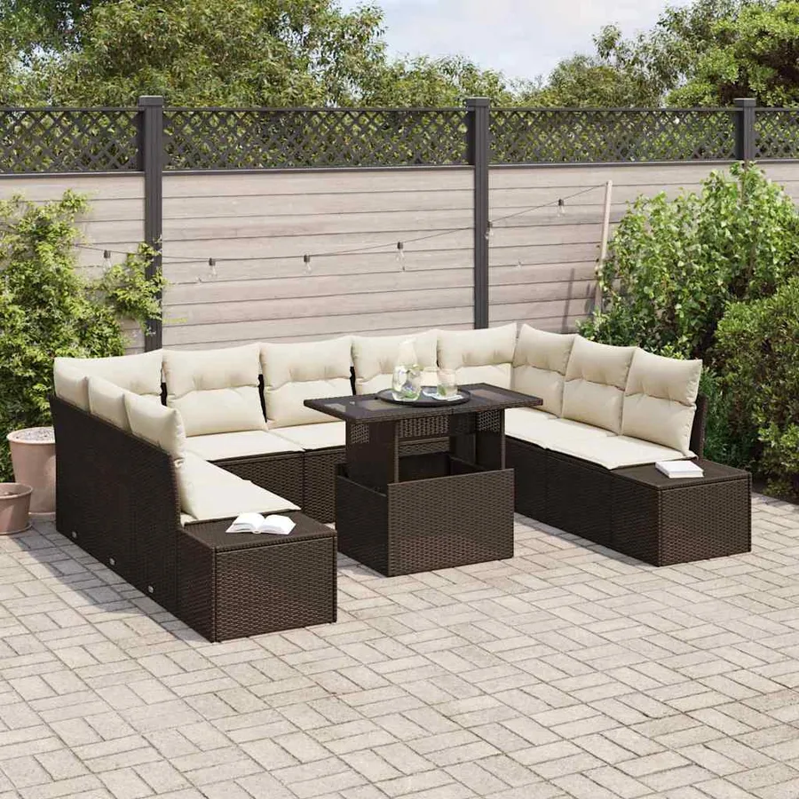 Ensemble de canapé de jardin 10 pcs Marron et Crème polyrotin - 3