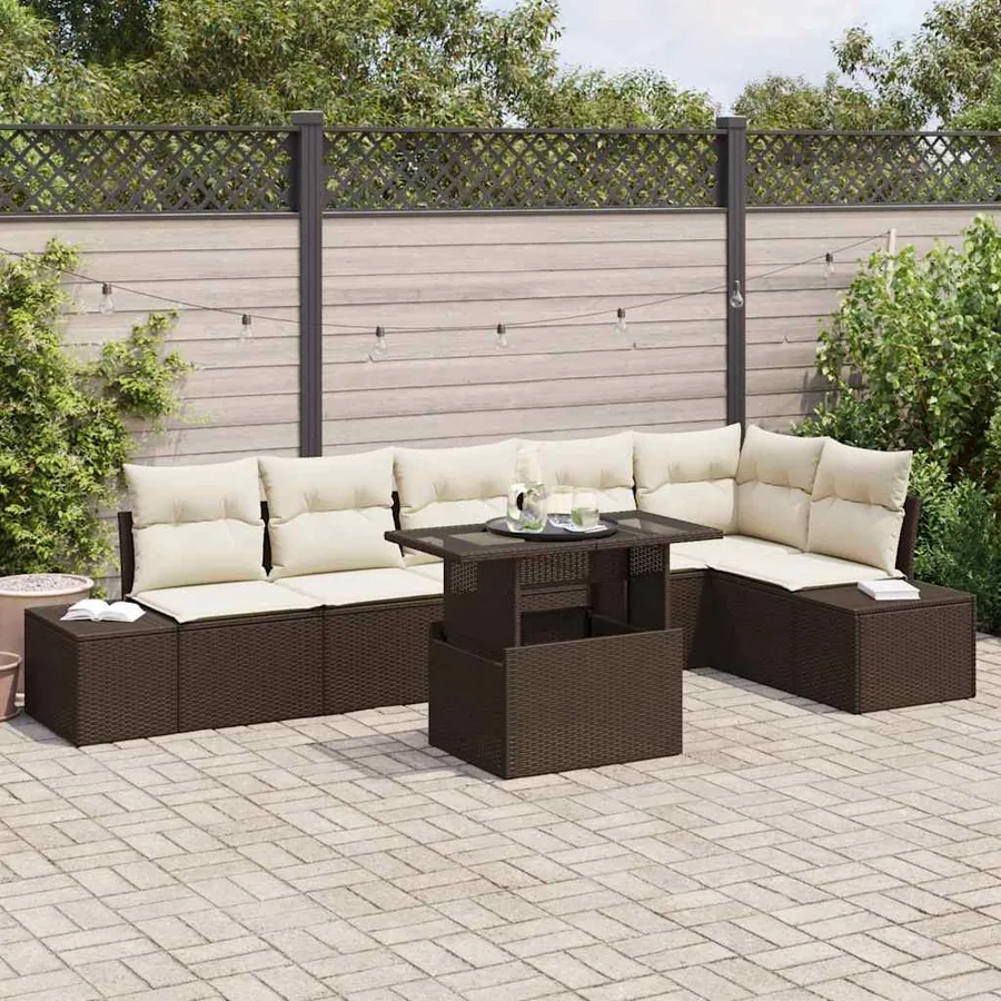 Ensemble de canapé de jardin avec coussin 7 pcs Marron et crème