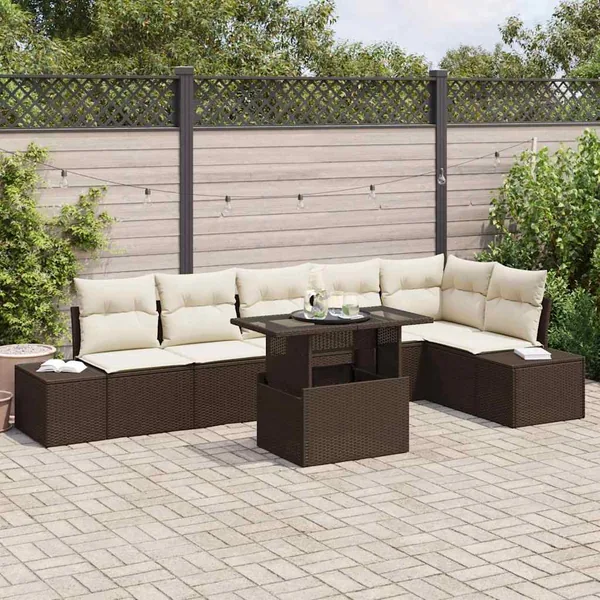 Ensemble de canapé de jardin avec coussin 7 pcs Marron et crème