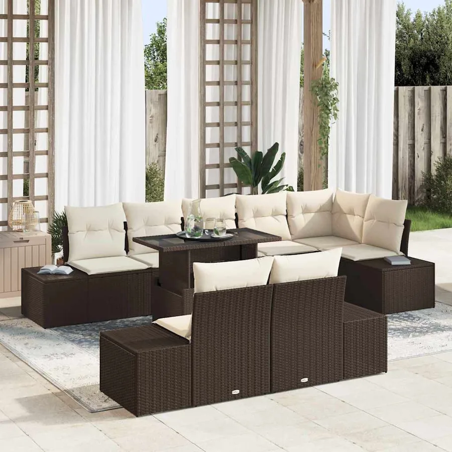 Ensemble de canapé de jardin 9 pcs Marron et Crème polyrotin