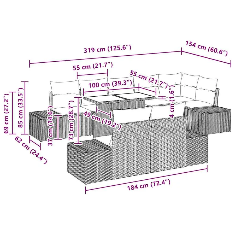 Ensemble de canapé de jardin 9 pcs Marron et Crème polyrotin - 11