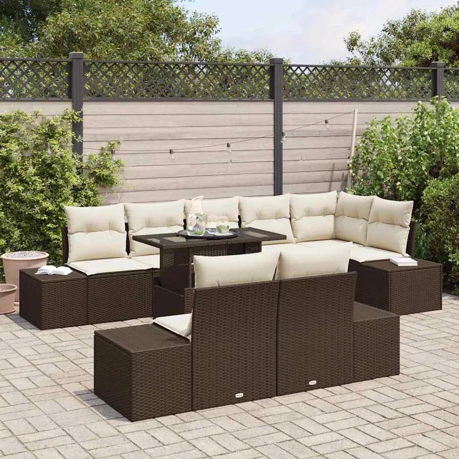 Ensemble de canapé de jardin 9 pcs Marron et Crème polyrotin - 3