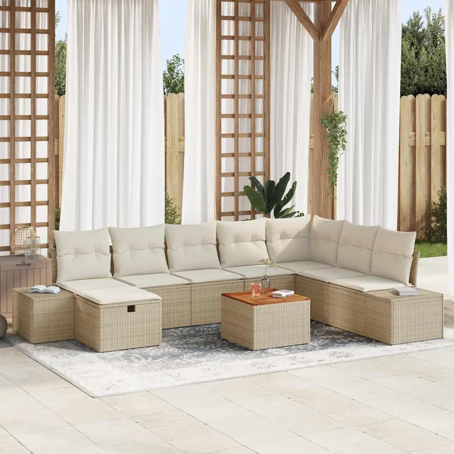 Ensemble de canapé de jardin avec coussin 9 pcs Beige polyrotin