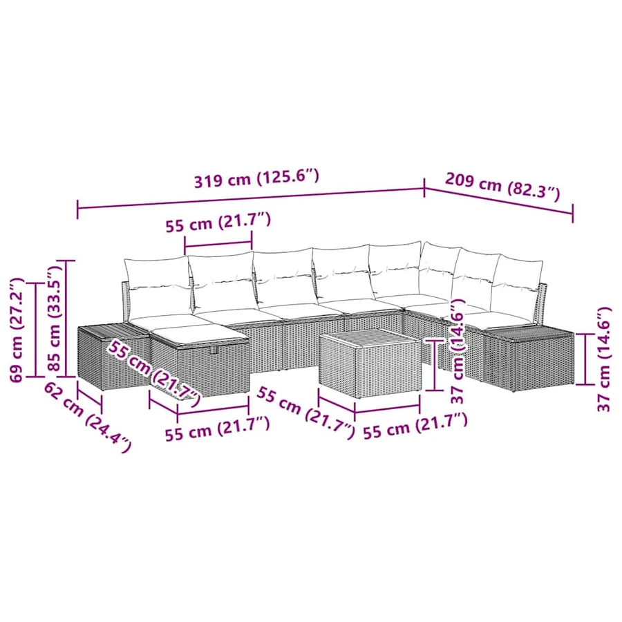 Ensemble de canapé de jardin avec coussin 9 pcs Beige polyrotin - 11