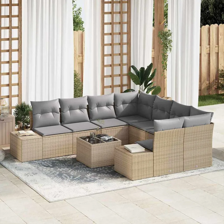 Ensemble de canapé de jardin avec coussin 9 pcs Beige polyrotin