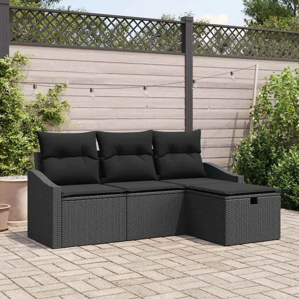 Ensemble de Canapés avec coussin 4 pcs Noir polyrotin