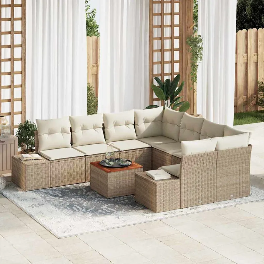 Ensemble de canapé de jardin avec coussin 9 pcs Beige polyrotin