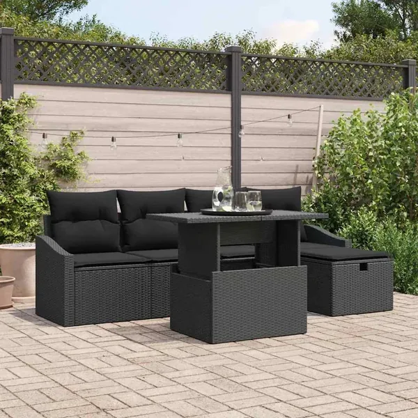 Ensemble de canapé de jardin avec coussin 6 pcs Noir Poly rotin