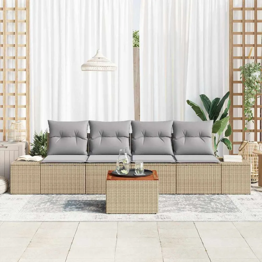 Ensemble de canapé de jardin avec coussin 5 pcs Beige polyrotin - 3