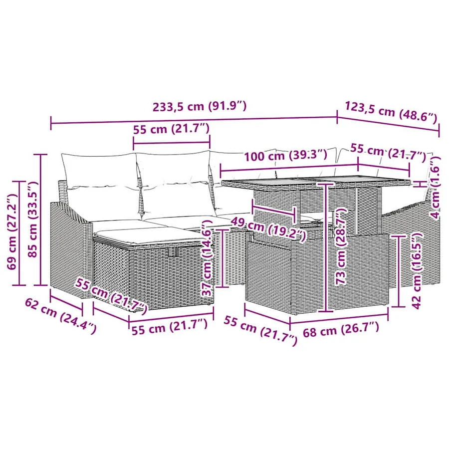 Ensemble de canapé de jardin avec coussin 7 pcs Noir polyrotin - 13