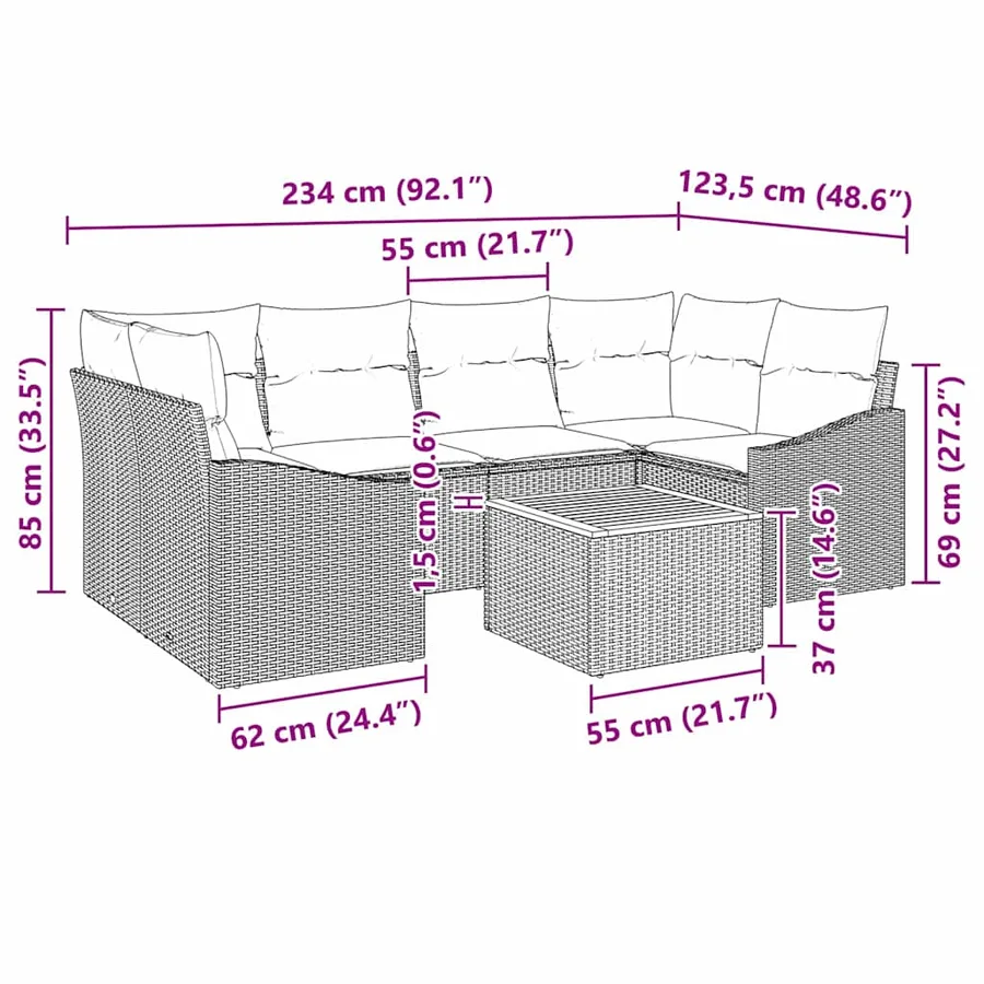 Ensemble de canapé de jardin avec coussin 7 pcs Noir polyrotin - 5
