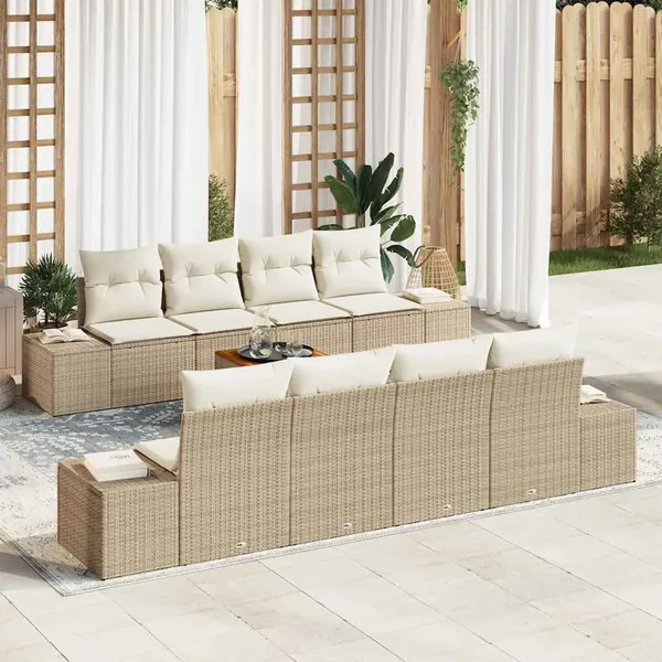 Ensemble de canapé de jardin avec coussin 9 pcs Beige polyrotin