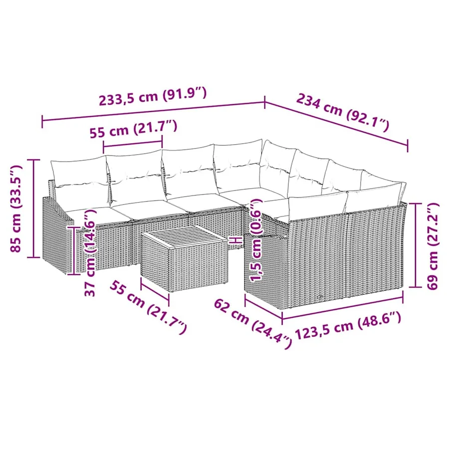 Ensemble de canapé de jardin avec coussin 9 pcs Noir polyrotin - 9