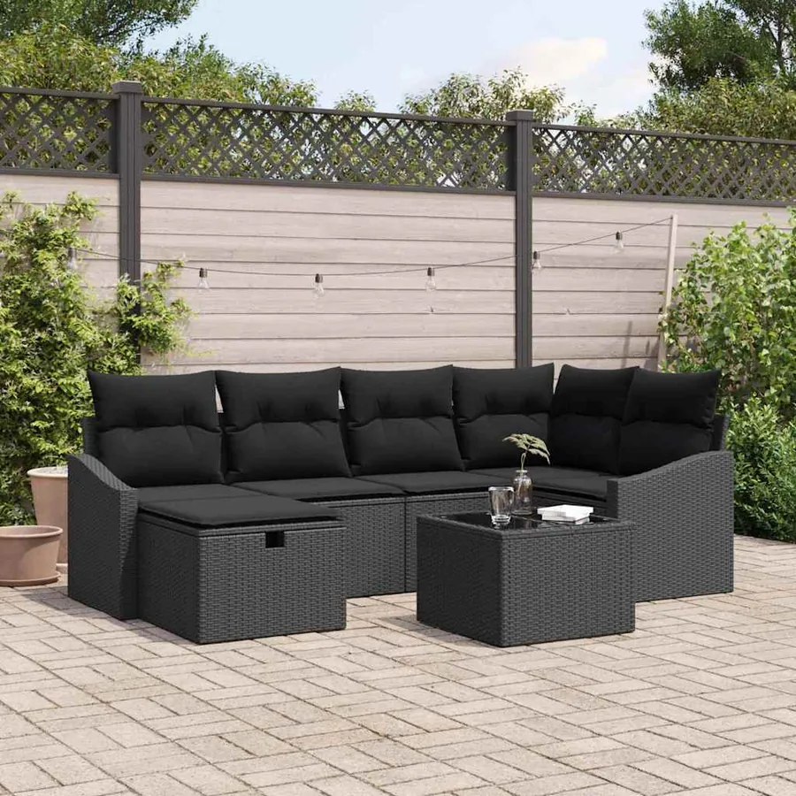 Ensemble de Canapés avec coussin avec stockage Noir polyrotin