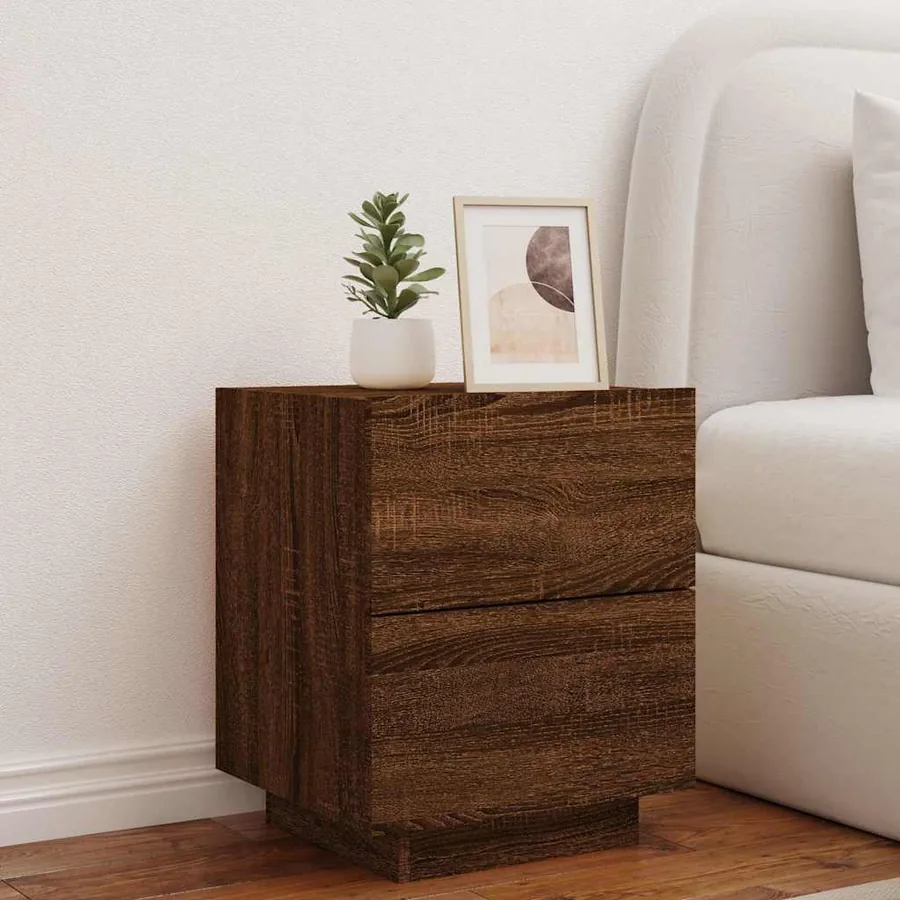 Armoire de chevet et lumières LED chêne marron bois ingénierie - 4