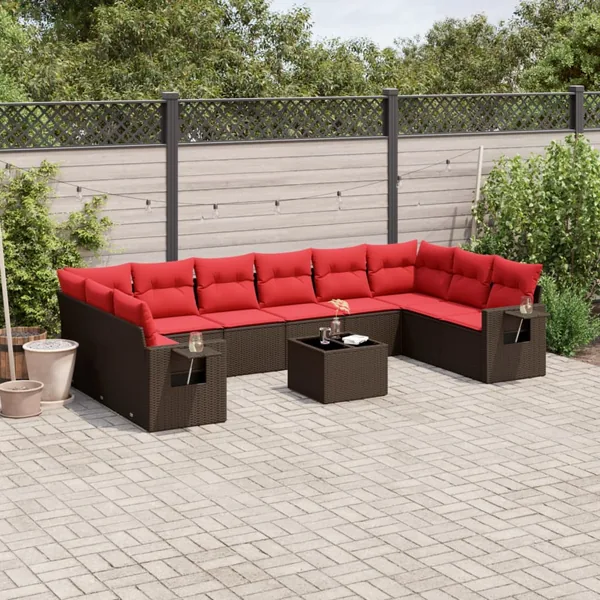 Ensemble de canapé de jardin 11 pcs avec coussins marron résine tressée