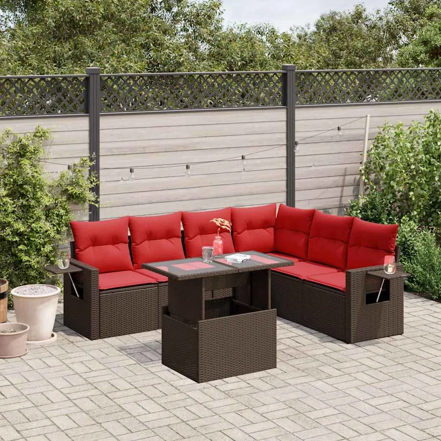 Ensemble de canapé de jardin 7 pcs avec coussins marron résine tressée