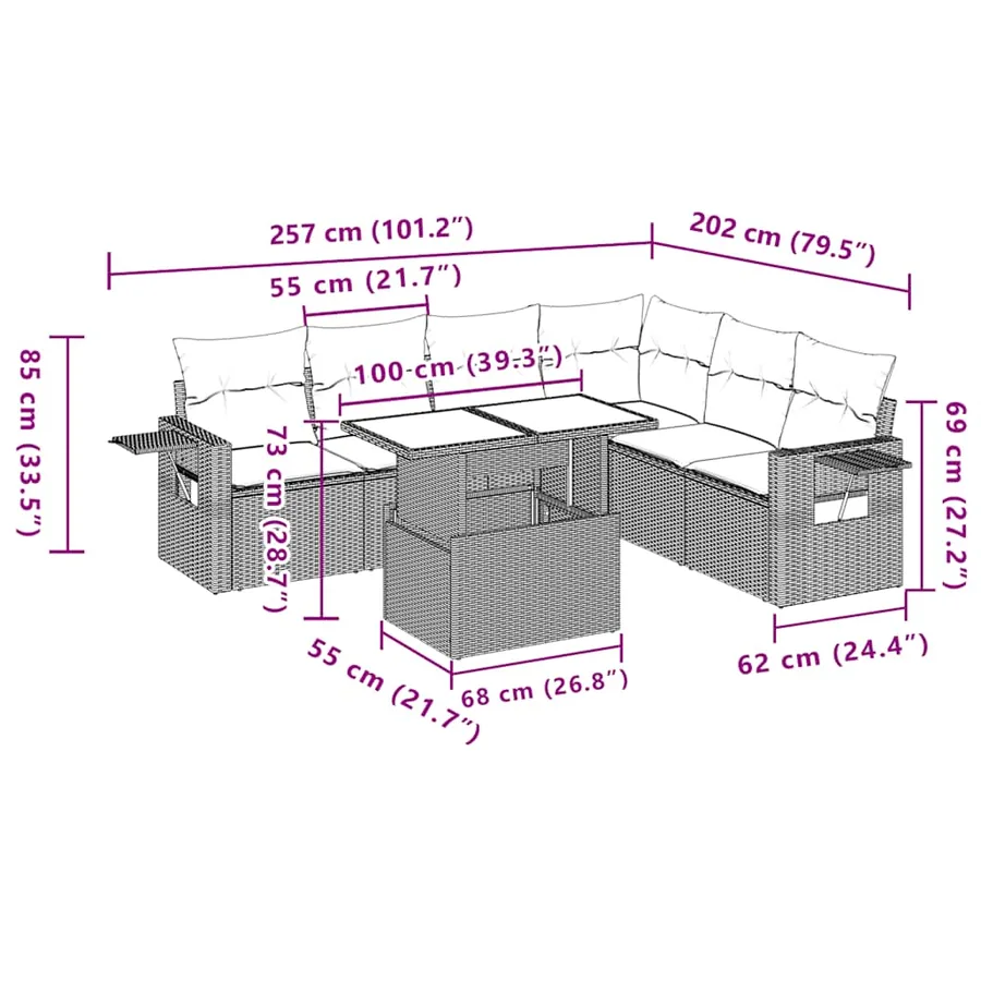 Ensemble de canapé de jardin 7 pcs avec coussins marron résine tressée - 11