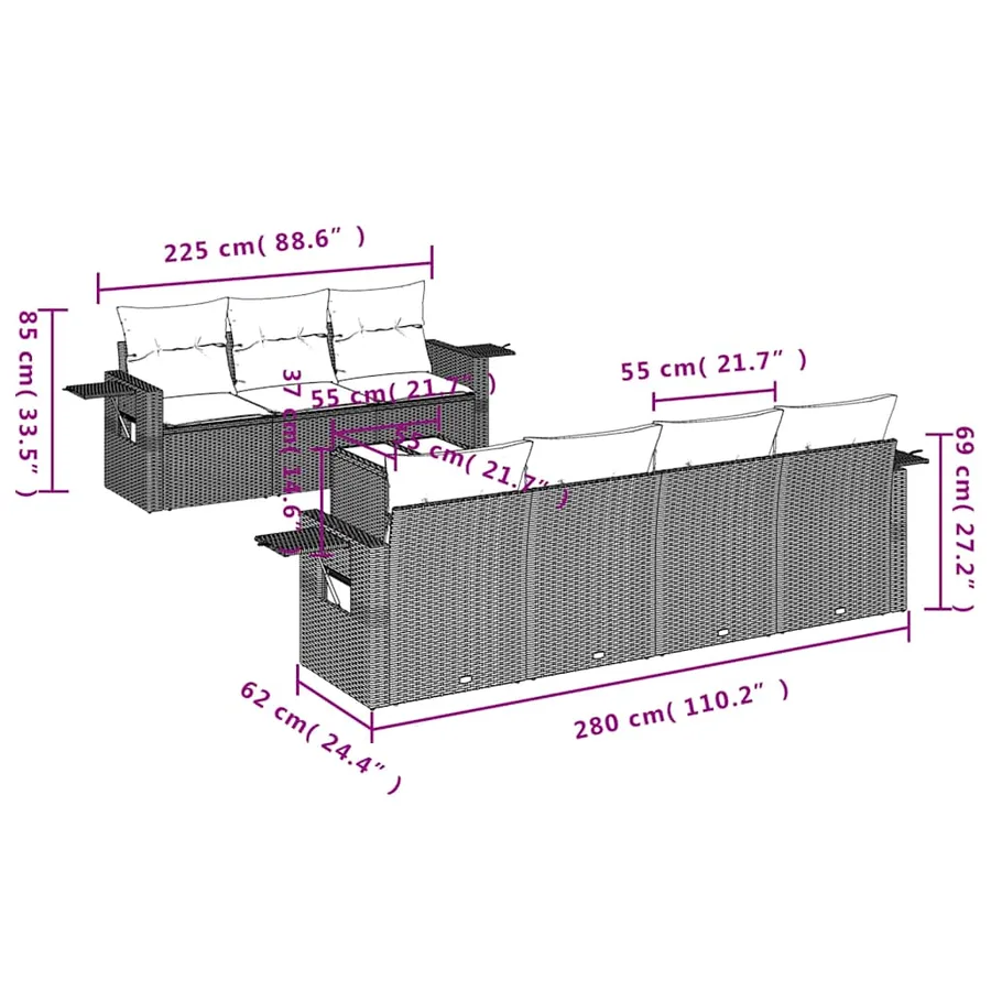Ensemble de canapé de jardin 8 pcs avec coussins marron résine tressée - 8