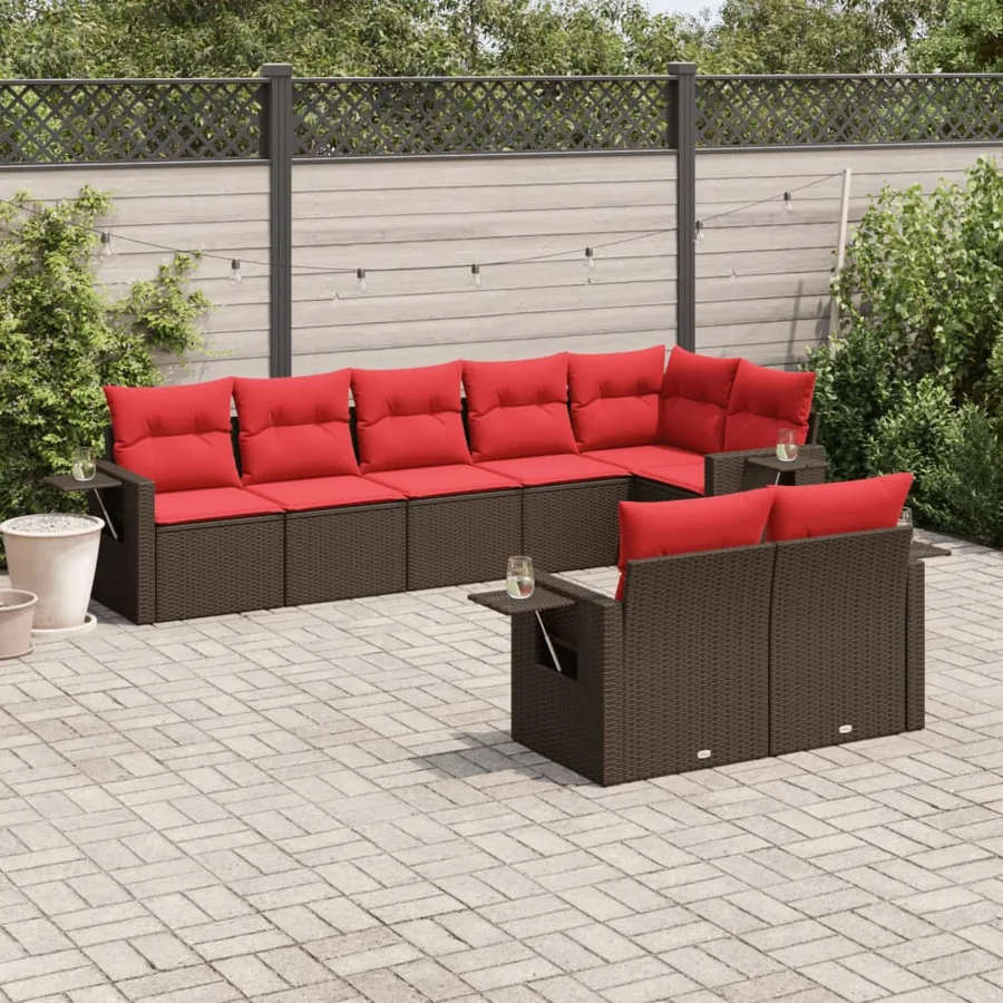 Ensemble de canapé de jardin 8 pcs avec coussins marron résine tressée