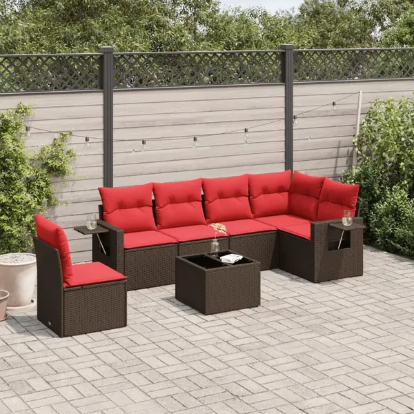 Ensemble de canapé de jardin 7 pcs avec coussins marron résine tressée