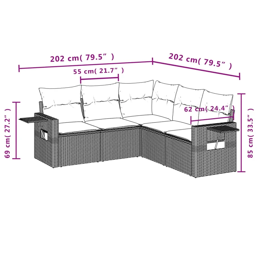 Ensemble de canapé de jardin 5 pcs avec coussins marron résine tressée - 8