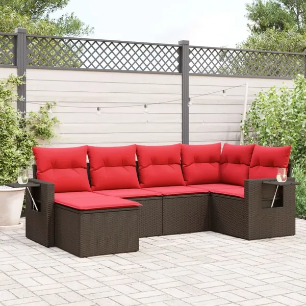 Ensemble de canapé de jardin 6 pcs avec coussins marron résine tressée