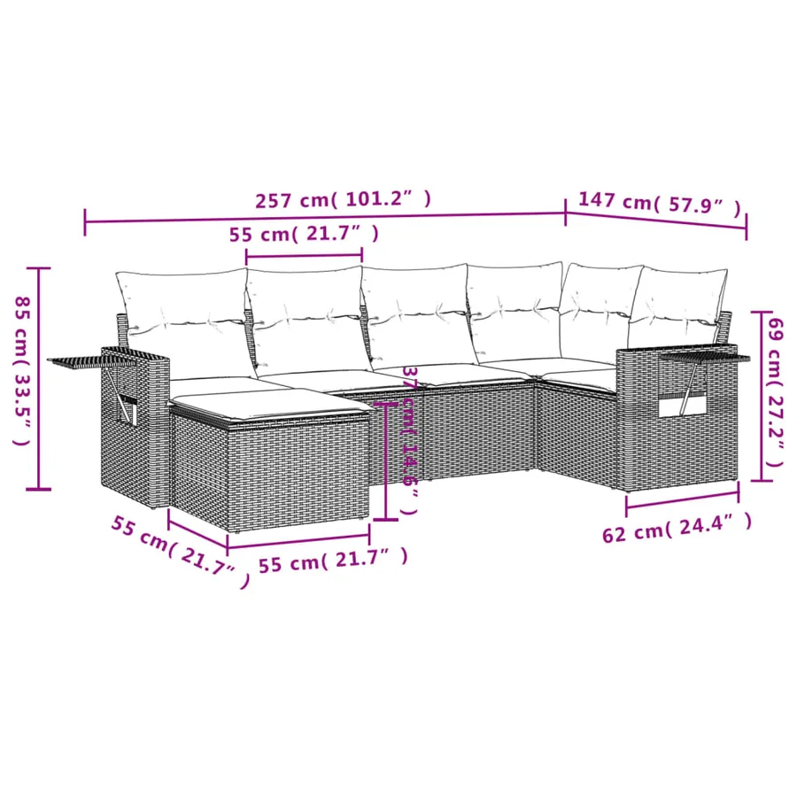 Ensemble de canapé de jardin 6 pcs avec coussins marron résine tressée - 9
