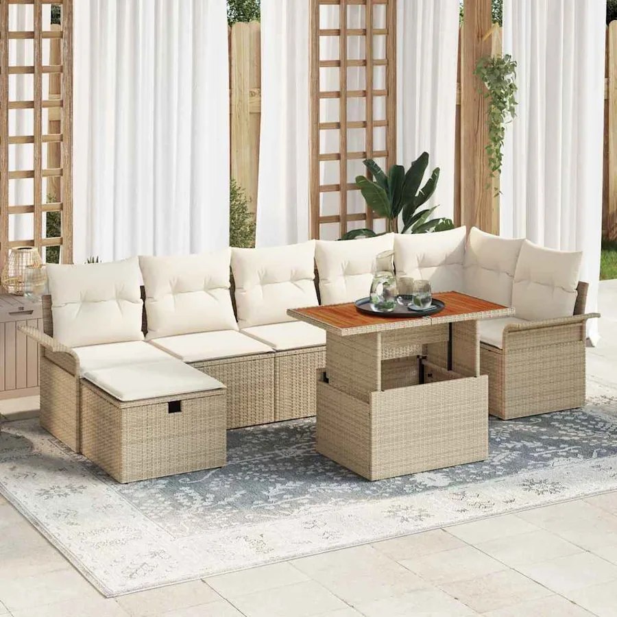 Ensemble de canapé de jardin avec coussin 8 pcs Beige polyrotin