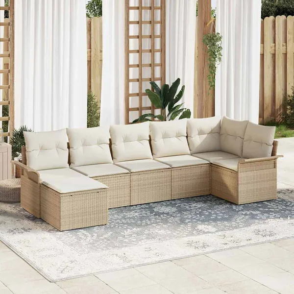 Ensemble de canapé de jardin avec coussin 7 pcs Beige polyrotin