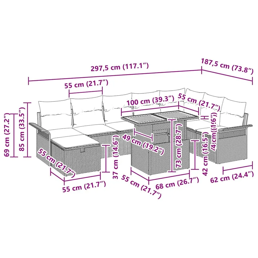 Ensemble de canapé de jardin avec coussin 9 pcs Beige polyrotin - 13
