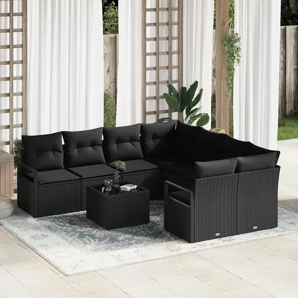 Ensemble de Canapés avec coussin 9 pcs Noir polyrotin