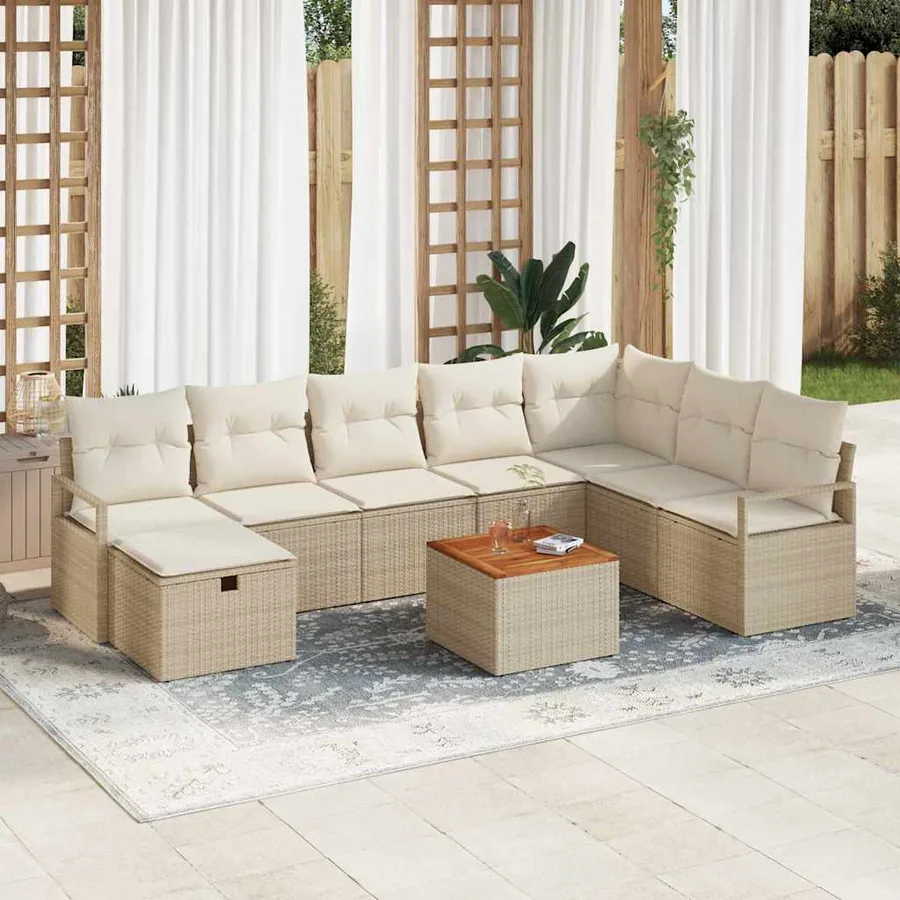 Ensemble de canapé de jardin avec coussin 9 pcs Beige polyrotin