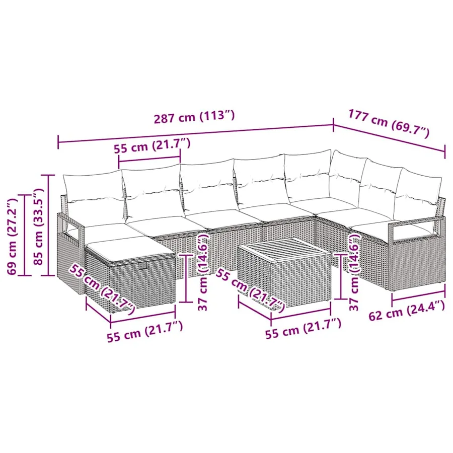Ensemble de canapé de jardin avec coussin 9 pcs Beige polyrotin - 11