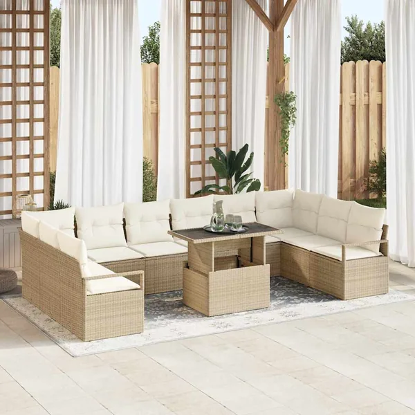 Ensemble de canapé de jardin 11 pcs beige et crème polyrotin