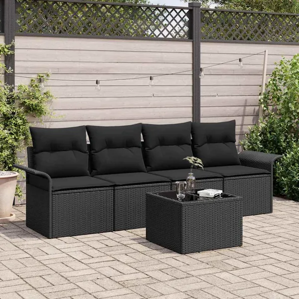 Ensemble de canapé de jardin avec coussin 5 pcs Noir polyrotin