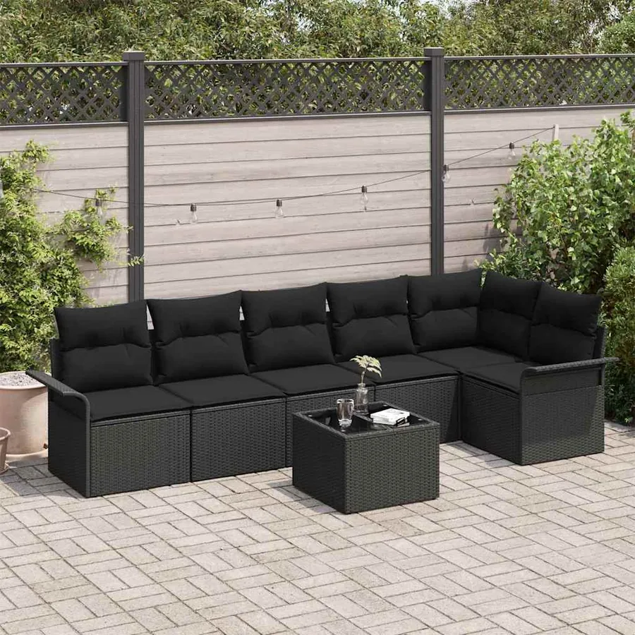 Ensemble de canapé de jardin avec coussin 7 pcs Noir Poly rotin