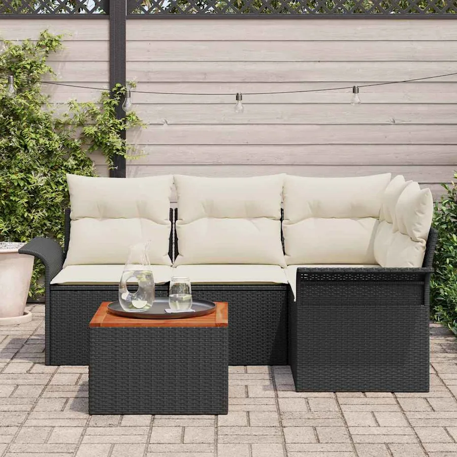 Ensemble de canapé de jardin 5 pcs Noir et Crème polyrotin - 3