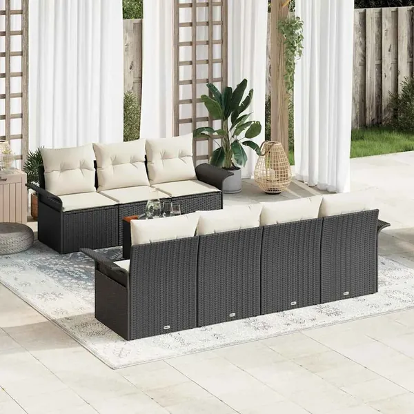 Ensemble de canapé de jardin 8 pcs Noir et Crème polyrotin