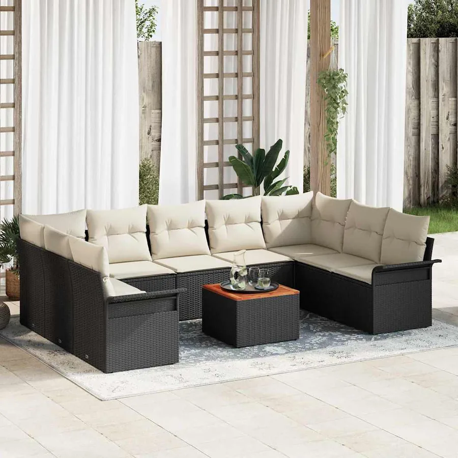 Ensemble de canapé de jardin 10 pcs Noir et Crème polyrotin